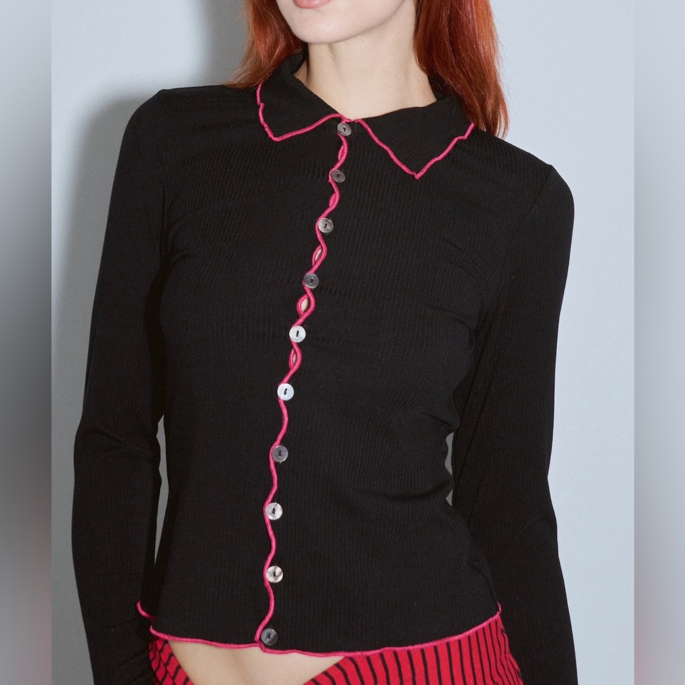 Fashion Brand Company Long Sleeve Contrast Seam Tencel Rib Cardigan Black/Pink